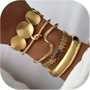 14K Gold Plated Bangle Cuff Boho Chunky Bracelets Set